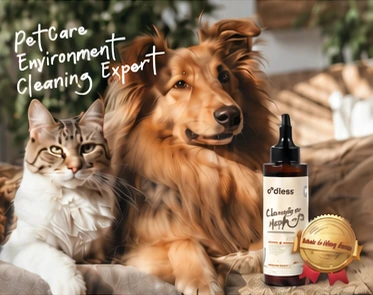 A cat and a collie relaxing together beside an o’dless pet-care bottle.